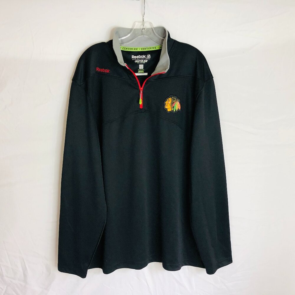 Chicago Blackhawks Men's 2XL Reebok Center Ice Black 1/4 Zip Pullover Shirt